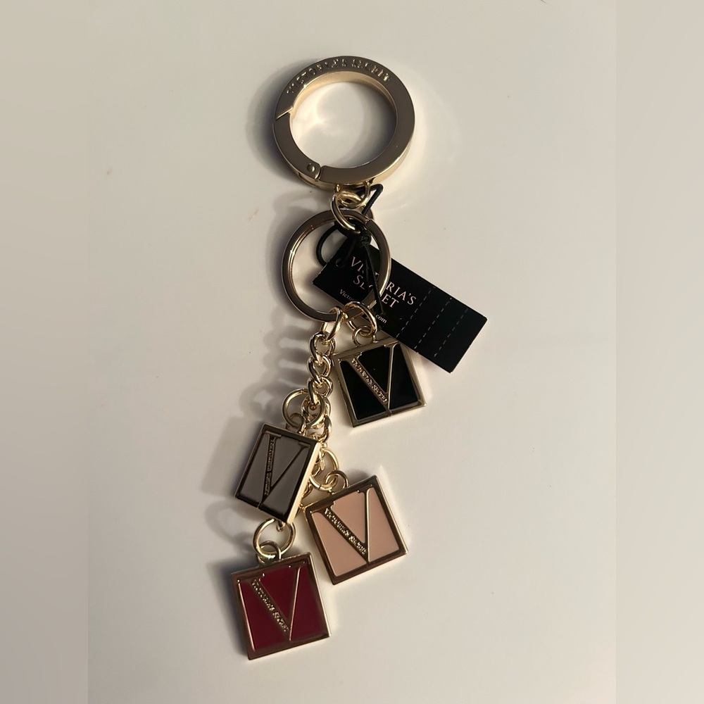 Victoria's Secret Gold-Tone Enamel Charm Keyring — Black, Pink, Red, Cream